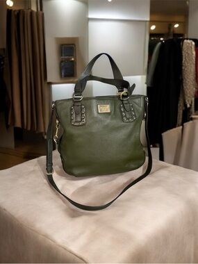 Michael Kors Olive Green Leather Shoulder Tote with Stud Accents